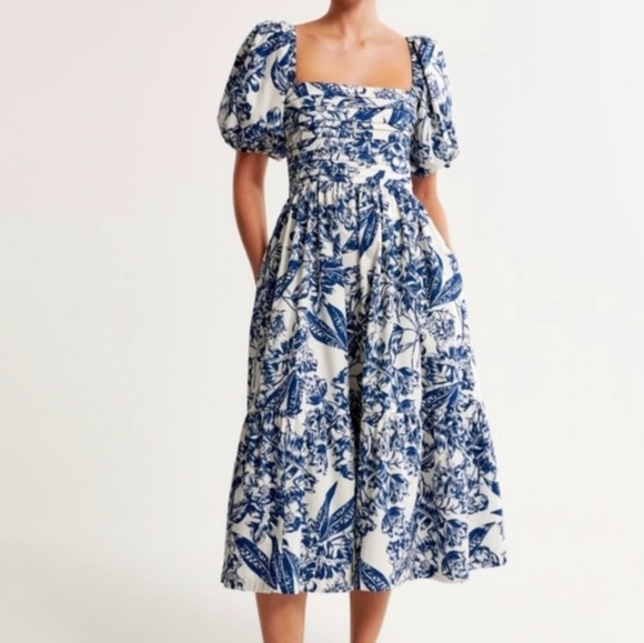Abercrombie & Fitch Dresses & Skirts - ABERCROMBIE Emerson Poplin Puff Sleeve Midi Dress Whitefloral/blue. NO L…